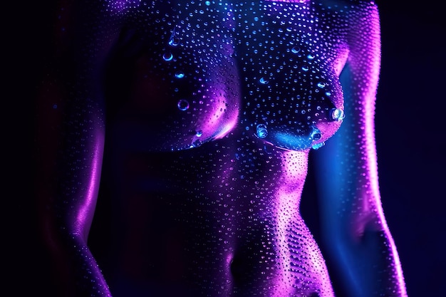 Cuerpo sexy femenino desnudo de niña con pechos en topless con gotas en luz ultravioleta Ilustración generativa de IA