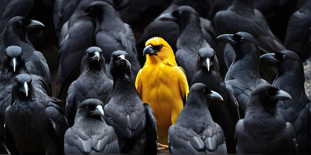 Un cuervo amarillo solo entre una multitud de cuervos negros concepto de destacarse de la multitud como líder