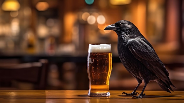 Cuervo bebiendo una pinta de cerveza en la barra de un bar
