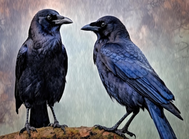 Foto cuervo carroñero corvus corone pájaro negro posado en una rama y mirando a la cámara