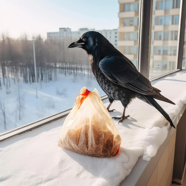 Un cuervo se para en una cornisa junto a una bolsa de pan.