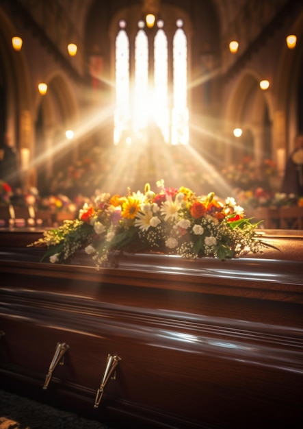 Foto cuervo en una iglesia en un funeral con luz perfecta y flores generative ai