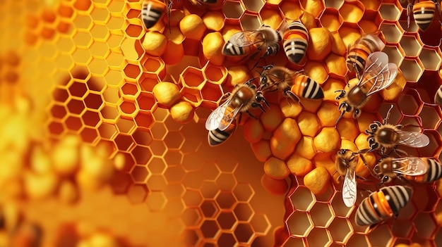 Cuervo de miel y abeja Hexagonal fondo dorado Generativo Ai