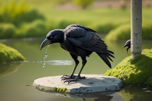 Foto cuervo negro bebiendo agua