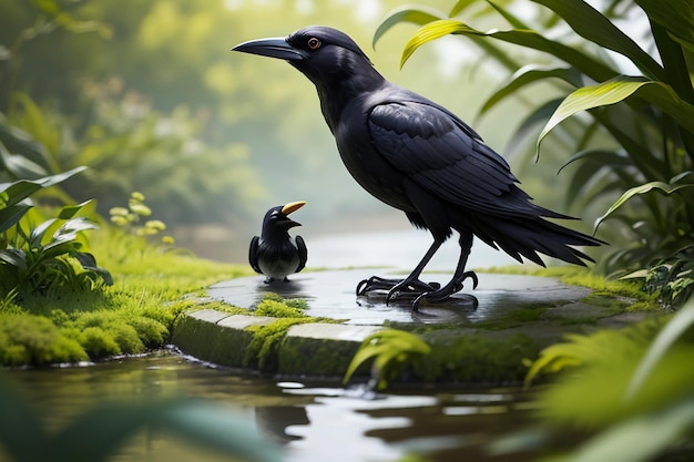 cuervo negro bebiendo agua