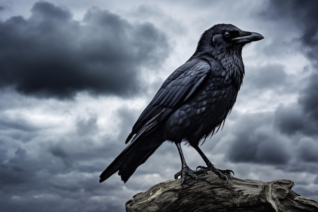 El cuervo negro con el cielo tormentoso