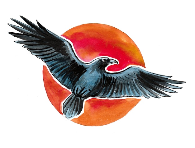 Cuervo negro volador y sol rojo. Dibujo a tinta y acuarela