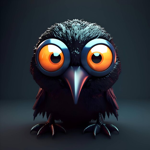 Cuervo con ojos grandes en fondo oscuro renderización 3D
