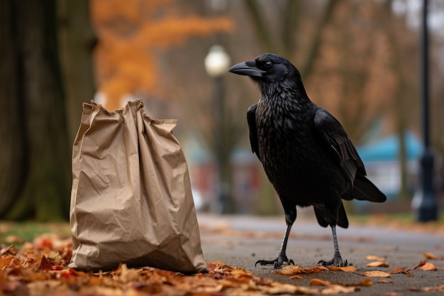 Un cuervo en un parque llevando una bolsa de papas fritas