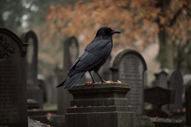 Un cuervo posado sobre una lápida en un cementerio