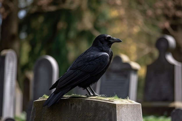 Un cuervo posado sobre una lápida en un cementerio