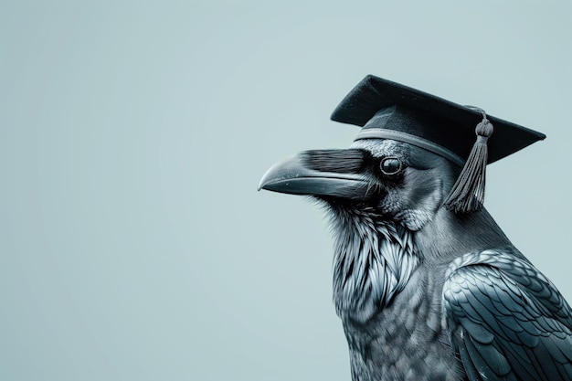 Cuervo en primer plano con un sombrero de graduado en un fondo azul claro neutro como signo de sabiduría después del cartel de la universidad