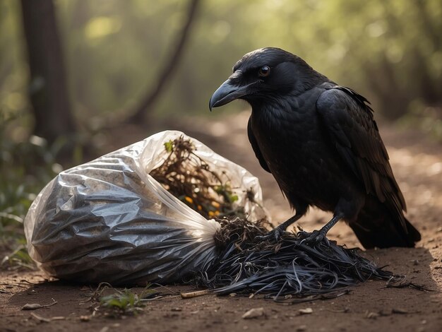 Foto un cuervo recogiendo plástico desechado para su nido