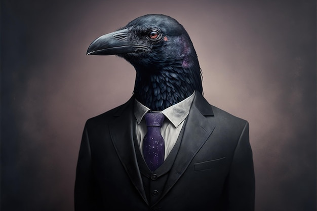 Cuervo en traje negro formal Animales humanizados apariencia agradable lujosa corbata teléfono fondos de pantalla estilo oficial ilustraciones de alta resolución arte AI