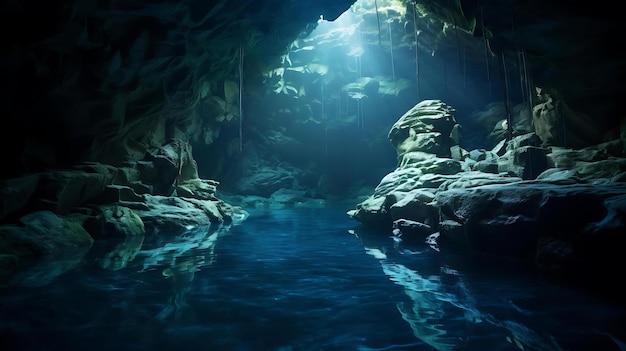 Una cueva con agua azul y una cueva con una luz que brilla a través de ella.