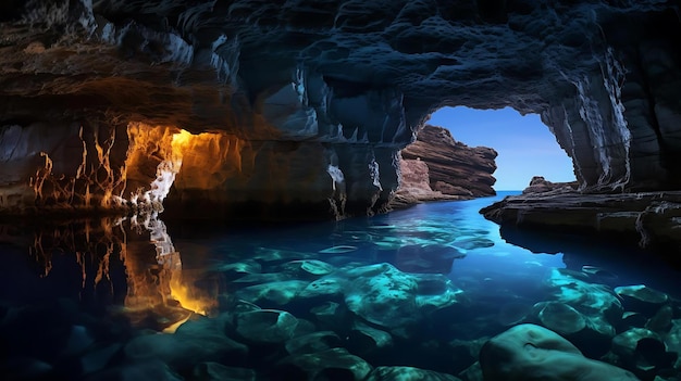 Una cueva con agua azul y una luz en ella