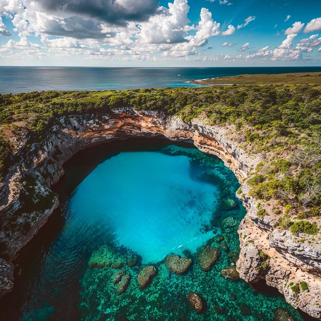 Foto una cueva con agua azul y una piscina verde con agua azul