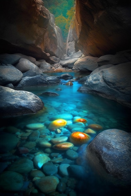 Una cueva con una cascada y una luz azul.