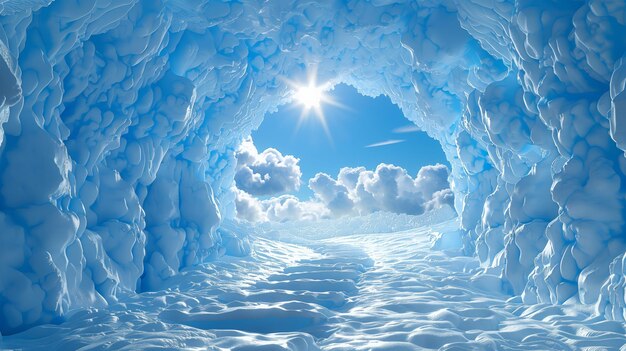 Foto una cueva congelada bajo una capa de hielo polar con la luz del sol asomando a través de las nubes