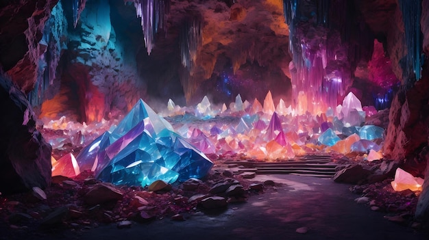 Foto una cueva con cristales de colores