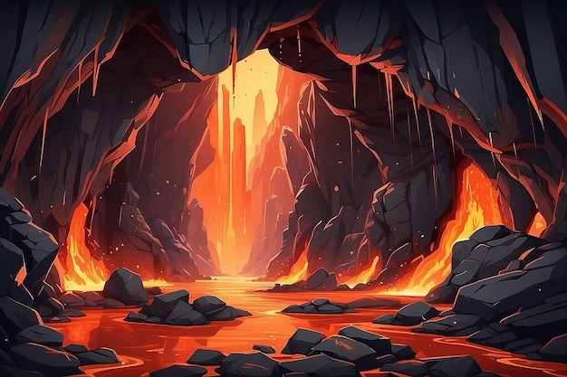 Foto cueva de dibujos animados con río de lava caliente ilustración vectorial del paisaje dentro de la montaña rocosa flujo de magma rojo y naranja entre las paredes de piedra con salpicaduras y chispas volcán interior fondo del juego