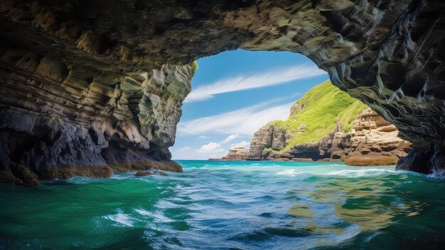 Foto cueva escondida cuevas de mar ilustración naturaleza de verano paisaje cielo secreto océano cueva escondidas cuevas de mar