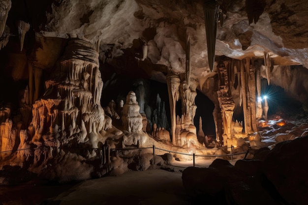 Cueva con estalactitas y estalagmitas iluminadas por antorchas creadas con ai generativo