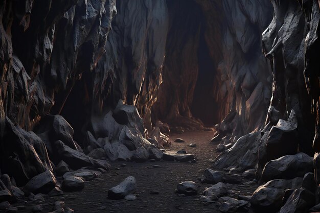 Una cueva de fantasía con agua y estalactitas