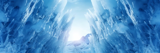 Una cueva de hielo con grandes carámbanos.