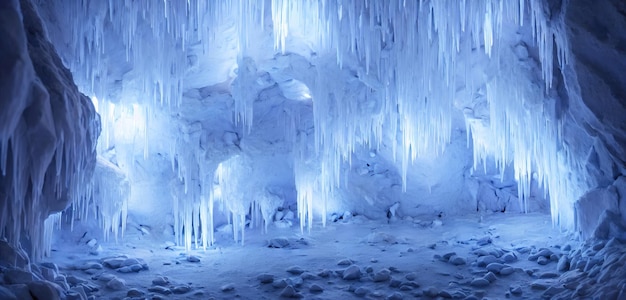 Cueva de hielo de grandes cristales de hielo un paisaje fabuloso Todo está cubierto de hielo estalactitas invierno en una cueva oscura ilustración 3d