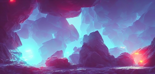 Cueva de hielo de grandes cristales de hielo un paisaje fabuloso Todo está cubierto de hielo estalactitas invierno en una cueva oscura ilustración 3d