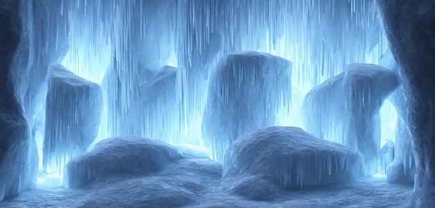 Cueva de hielo de grandes cristales de hielo un paisaje fabuloso Todo está cubierto de hielo estalactitas invierno en una cueva oscura ilustración 3d