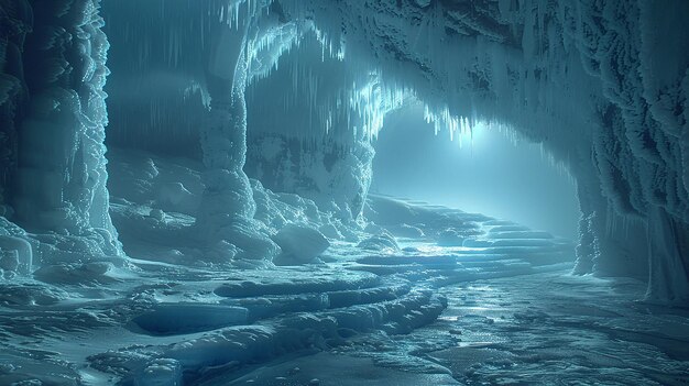 Foto cueva de hielo con una luz azul en el interior