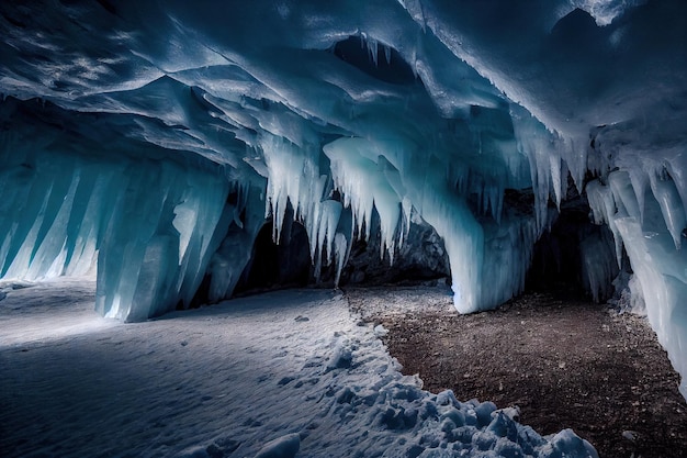 Cueva de hielo oscuro en la nieve con estalactitas y estalagmitas de hielo