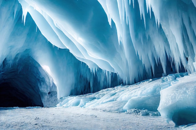 Cueva de hielo del paisaje invernal en la montaña en geología de la nieve