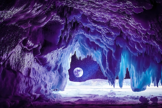 Cueva de hielo Paisaje violeta de invierno Cueva de hielo a la luz de la luna