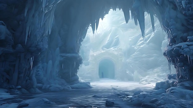 Una cueva de hielo con una puerta en el hielo.