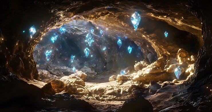 Una cueva iluminada por cristales azules brillantes