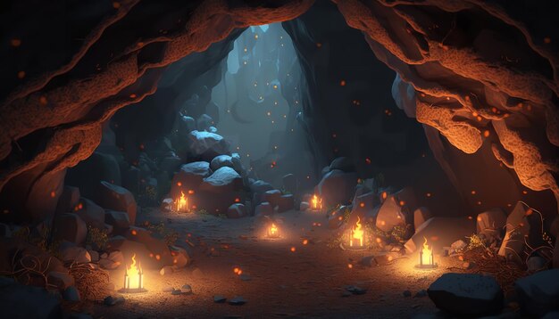 Cueva iluminada por fuego Simulación de Apocalipsis en una cueva de lava subterránea Ai generativo