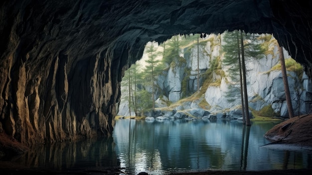 Cueva de un lago entre los pinos