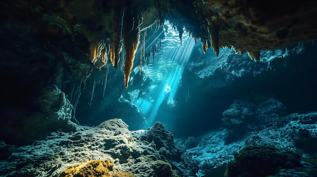una cueva llena de mucha agua y luz que viene del techo