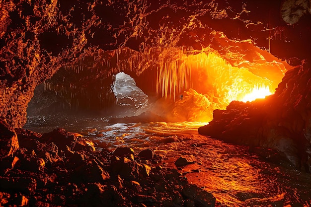 una cueva llena de mucha lava junto a un cuerpo de agua