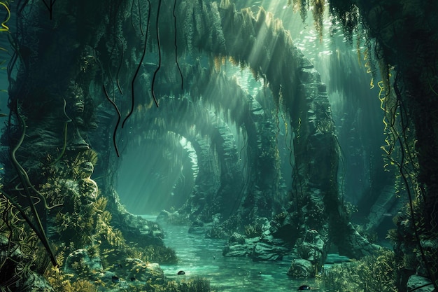 Una cueva llena de muchas plantas y agua adecuada para temas de naturaleza y aventura