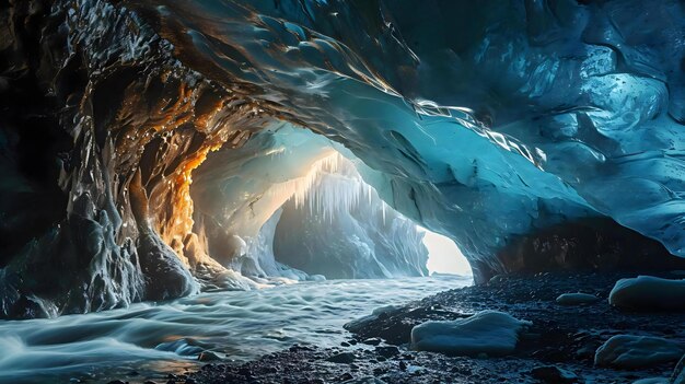 Foto una cueva llena de mucho hielo y agua