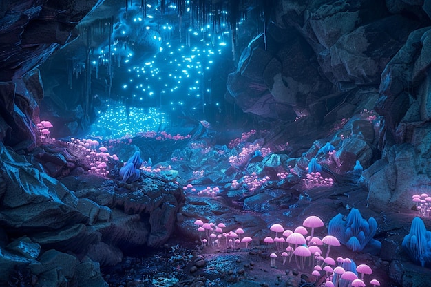 una cueva con luces azules y una luz azul en el medio