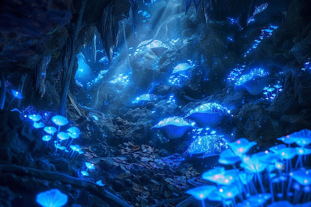 una cueva con luces azules y una luz azul