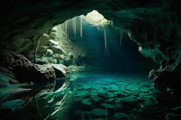 Una cueva con una luz azul y el agua en el fondo.