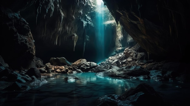 Una cueva con una luz azul y una luz en el medio.