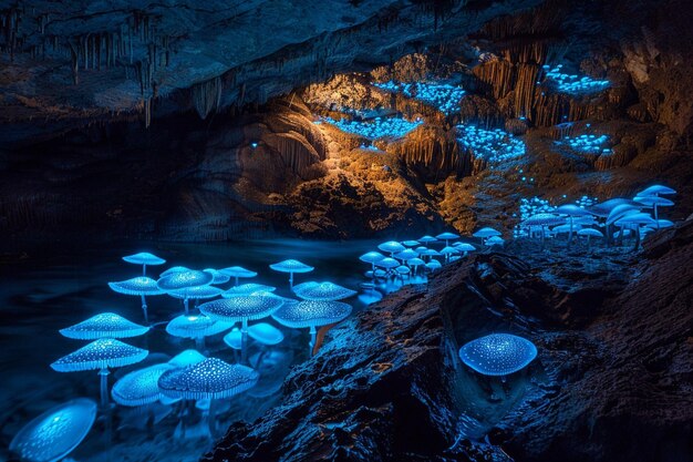 una cueva con una luz azul en el techo