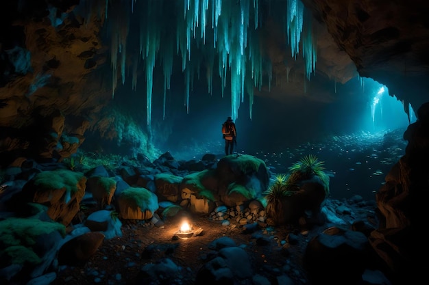 Una cueva con una luz en el interior y una vela encendida en el interior.